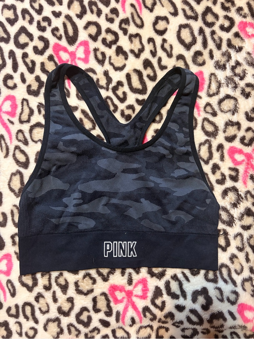 PINK Black & Charcoal Camo Racerback Sports Bra
